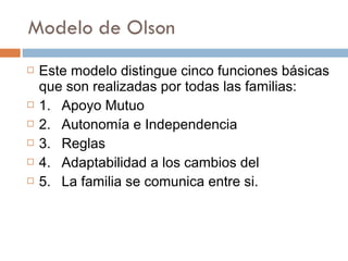    Este modelo distingue cinco funciones básicas
    que son realizadas por todas las familias:
   1. Apoyo Mutuo
   2. Autonomía e Independencia
   3. Reglas
   4. Adaptabilidad a los cambios del
   5. La familia se comunica entre si.
 