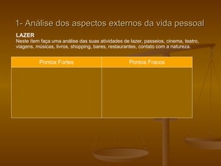 1- Análise dos aspectos externos da vida pessoal LAZER Neste ítem faça uma análise das suas atividades de lazer, passeios, cinema, teatro,  viagens, músicas, livros, shopping, bares, restaurantes, contato com a natureza.  Pontos Fortes Pontos Fracos 