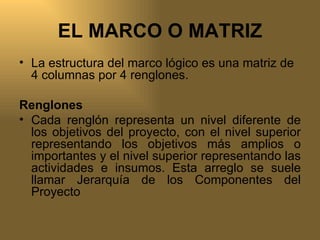 EL MARCO O MATRIZ La estructura del marco lógico es una matriz de 4 columnas por 4 renglones.   Renglones Cada renglón representa un nivel diferente de los objetivos del proyecto, con el nivel superior representando los objetivos más amplios o importantes y el nivel superior representando las actividades e insumos. Esta arreglo se suele llamar Jerarquía de los Componentes del Proyecto  