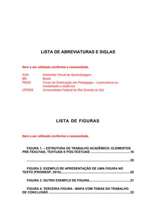 LISTA DE ABREVIATURAS E SIGLAS


Item a ser utilizado conforme a necessidade.

AVA                   Ambiente Virtual de Aprendizagem
BR                    Brasil
PEAD                  Curso de Graduação em Pedagogia – Licenciatura na
                      modalidade a distância
UFRGS                 Universidade Federal do Rio Grande do Sul




                                     LISTA DE FIGURAS


Item a ser utilizado conforme a necessidade.


  FIGURA 1. – ESTRUTURA DE TRABALHO ACADÊMICO: ELEMENTOS
PRÉ-TEXUTAIS, TEXTUAIS E PÓS-TEXTUAIS .............................................16

    .......................................................................................................................20

  FIGURA 2: EXEMPLO DE APRESENTAÇÃO DE UMA FIGURA NO
TEXTO (PROINESP, 2010)................................................................................20

    FIGURA 3: OUTRO EXEMPLO DE FIGURA...............................................21

  FIGURA 4: TERCEIRA FIGURA - MAPA COM TEMAS DO TRABALHO
DE CONCLUSÃO ..............................................................................................22
 