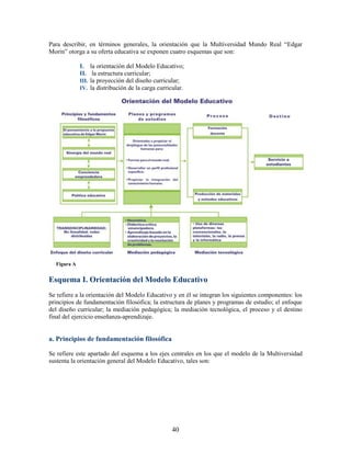 Para describir, en términos generales, la orientación que la Multiversidad Mundo Real “Edgar
Morin” otorga a su oferta educativa se exponen cuatro esquemas que son:

             I. la orientación del Modelo Educativo;
             II. la estructura curricular;
             III. la proyección del diseño curricular;
             IV. la distribución de la carga curricular.




  Figura A


Esquema I. Orientación del Modelo Educativo
Se refiere a la orientación del Modelo Educativo y en él se integran los siguientes componentes: los
principios de fundamentación filosófica; la estructura de planes y programas de estudio; el enfoque
del diseño curricular; la mediación pedagógica; la mediación tecnológica, el proceso y el destino
final del ejercicio enseñanza-aprendizaje.


a. Principios de fundamentación filosófica

Se refiere este apartado del esquema a los ejes centrales en los que el modelo de la Multiversidad
sustenta la orientación general del Modelo Educativo, tales son:




                                                   40
 