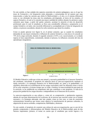 En este sentido, se han cuidado dos aspectos esenciales de carácter pedagógico, uno es el que las
áreas de Formación y de Integración están planeadas y estructuradas de tal manera que sean
transversales a todas las carreras que oferta la Multiversidad y, el otro, es el sistema diferencial
como se van ofertando las áreas ante los estudiantes, privilegiando, al inicio de los estudios, el
aspecto formativo, al cual se le concede una mayor cantidad de créditos durante los primeros cuatro
semestres para luego, a partir del quinto semestre, acentuar la atención al área de desarrollo
profesional, para lo cual el estudiante ya lleva una considerable influencia y preparación en el
campo formativo; en tanto, este recorrido diferencial es acompañado por el área de integración de
saberes, en proceso ascendente, durante los ocho semestres que duran los estudios.

Como se puede apreciar (ver figura I), en el primer semestre, que es cuando los estudiantes
demandan de una mayor orientación e influencia de carácter formativo, a esta área se le concede un
73% de la carga curricular, durante el segundo semestre el 63% y así, sucesivamente, se va dando
ingreso al área especializante, sosteniendo, durante el proceso, la influencia creciente del área de
aprendizajes integradores.




              Figura I

El Modelo Educativo cuida que exista una natural y necesaria gradualidad en el proceso formativo
del estudiante, articulando el propósito de inducirlo hacia la auto-eco-organización mediante el
tejido curricular y la estrategia formativa de la Multiversidad; así, junto a la gradualidad y el
equilibrio observado en la distribución de las cargas curriculares entre las diferentes áreas a través
de los ocho semestres, al mismo tiempo que se cuida y fortalece la transversalidad de gran parte de
la currícula, se ha establecido un componente más que contribuye a este propósito, se trata de la
proyección gradual de las cargas docentes e independientes en el transcurso de la carrera.

La auto-eco-organización es una cultura y, como tal, su comprensión y aprehensión requieren,
además de una gran determinación de la persona, de un proceso que necesita contar con el tiempo
necesario y la estrategia adecuada, más aún cuando, como en este caso, se trata de cuestiones
eminentemente formativas que tienen como objetivo la transformación de patrones culturales, la
adquisición de nuevas actitudes, competencias, habilidades y destrezas.

En este sentido, el propósito de construir una cultura de auto-eco-organización, que es uno de los
grandes componentes y diferenciadores del Modelo Educativo de la Multiversidad, parte de dos
factores importantes: primero, el tomar en cuenta que el estudiante que recién ingresa a la


                                                 50
 