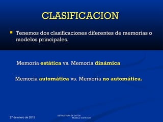 27 de enero de 2015
 Tenemos dos clasificaciones diferentes de memorias oTenemos dos clasificaciones diferentes de memorias o
modelos principales.modelos principales.
MemoriaMemoria estáticaestática vs. Memoriavs. Memoria dinámicadinámica
MemoriaMemoria automáticaautomática vs. Memoriavs. Memoria no automática.no automática.
CLASIFICACIONCLASIFICACION
ESTRUCTURA DE DATOS
MODELO ESTÁTICO
 