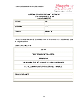 Diseño del Programa de Salud Ocupacional
95
SISTEMA DE INFORMACIÓN Y REGISTRO
CERTIFICADO DE APTITUD
PARA EL INGRESO
FECHA No.
NOMBRE C.C.
CARGO SECCIÓN
Certifico que se practicaron exámenes médicos y paraclínicos ocupacionales para
el cargo solicitado.
CONCEPTO MÉDICO
APTO
TEMPORALMENTE NO APTO
APLAZADO
PATOLOGÍA QUE NO INTERFIERE CON SU TRABAJO
PATOLOGÍA QUE INTERFIERE CON SU TRABAJO
OBSERVACIONES
 