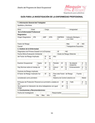 Diseño del Programa de Salud Ocupacional
99
GUÍA PARA LA INVESTIGACIÓN DE LA ENFERMEDAD PROFESIONAL
1. Información General del Trabajador
Apellidos y Nombres
_______________________________________________________
Sexo Edad Cargo Antigüedad
De la Enfermedad Profesional
Diagnóstico
Origen Diagnóstico IPS ARP EPS EMPRES
A
Indicador Biológico
y su Valor
Factor de Riesgo Más SÍ NO
Causal Trabajadores Expuestos
2. Análisis de la Enfermedad
Diagnóstico de Primera Ocasión en la Empresa SÍ NO
Fecha Última Evaluación Ambiental Grado de Riesgo Obtenido
del Factor de Riesgo Implicado Dí
a
M
es
Año
Examen Ocupacional Ingres
o
SÍ N
O
Periódic
o
SÍ N
O
Se detectó
sospecha
S
Í
N
O
Hay Normas sobre el manejo de SÍ N
O
Inducci
ón
SÍ N
O
Entrenamiento S
Í
N
O
Factores de Riesgo implicado
El factor de Riesgo implicado fue SÍ N
O
Para este Factor de Riesgo
hay
Fuente
considerado como prioritario Sistema de Control colectivo en: Medio
El Equipo de Protección Personal se suministró y estaba en
uso
SÍ N
O
Falló S
Í
N
O
Se programó la Valoración de otros trabajadores con igual
riesgo
SÍ N
O
3. Conclusiones y Recomendaciones:
Fecha de Investigación: Responsable:_____________________
Día Mes Año
 