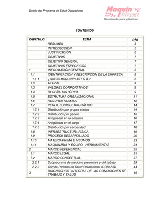 Diseño del Programa de Salud Ocupacional
CONTENIDO
CAPITULO TEMA pág
RESUMEN 3
INTRODUCCIÓN 5
JUSTIFICACIÓN 6
OBJETIVOS 7
OBJETIVO GENERAL 7
OBJETIVOS ESPECÍFICOS 7
1. INFORMACIÓN GENERAL 8
1.1 IDENTIFICACIÓN Y DESCRIPCIÓN DE LA EMPRESA 8
1.1.1 ¿Qué es MAQUINPLAST S.A.? 8
1.2 MISIÓN 9
1.3 VALORES CORPORATIVOS 9
1.4 RESEÑA HISTÓRICA 9
1.5 ESTRUTURA ORGANIZACIONAL 11
1.6 RECURSO HUMANO 12
1.7 PERFIL SOCIODEMOGRÁFICO 14
1.7.1 Distribución por grupos etarios 14
1.7.2 Distribución por género 15
1.7.3 Antigüedad en la empresa 16
1.7.4 Antigüedad en el cargo 17
1.7.5 Distribución por escolaridad 18
1.8 INFRAESTRUCTURA FÍSICA 19
1.9 PROCESO DESARROLLADO 20
1.10 MATERIA PRIMA E INSUMOS 23
1.11 MAQUINARIA Y EQUIPO - HERRAMIENTAS 24
2. MARCO REFERENCIAL 25
2.1 MARCO LEGAL 25
2.2 MARCO CONCEPTUAL 27
2.2.1 Subprograma de medicina preventiva y del trabajo 29
2.2.2 Comité Paritario de Salud Ocupacional (COPASO) 44
3.
DIAGNOSTICO INTEGRAL DE LAS CONDICIONES DE
TRABAJO Y SALUD
46
 