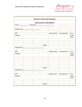 Diseño del Programa de Salud Ocupacional
84
EQUIPO DE PROTECCIÓN PERSONAL
INSPECCIÓN DE CUMPLIMIENTO
Fecha: _____________ Evaluadores: ________________________
Departamento__________________________
EPP Observaciones Incumplimiento % de
Requisito Cumpli
miento
Totales
Departamento________________________________
EPP Observaciones Incumplimiento % de
Requisito Cumpli
miento
Totales
Departamento________________________________
EPP Observaciones Incumplimiento % de
Requisito Cumpli
miento
Totales
 