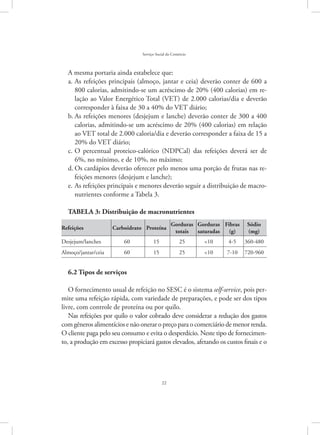 22
Serviço Social do Comércio
A mesma portaria ainda estabelece que:
As refeições principais (almoço, jantar e ceia) deverão conter de 600 aa.	
800 calorias, admitindo-se um acréscimo de 20% (400 calorias) em re-
lação ao Valor Energético Total (VET) de 2.000 calorias/dia e deverão
corresponder à faixa de 30 a 40% do VET diário;
As refeições menores (desjejum e lanche) deverão conter de 300 a 400b.	
calorias, admitindo-se um acréscimo de 20% (400 calorias) em relação
ao VET total de 2.000 caloria/dia e deverão corresponder a faixa de 15 a
20% do VET diário;
O percentual proteico-calórico (NDPCal) das refeições deverá ser dec.	
6%, no mínimo, e de 10%, no máximo;
Os cardápios deverão oferecer pelo menos uma porção de frutas nas re-d.	
feições menores (desjejum e lanche);
As refeições principais e menores deverão seguir a distribuição de macro-e.	
nutrientes conforme a Tabela 3.
TABELA 3: Distribuição de macronutrientes
Refeições Carboidrato Proteína
Gorduras
totais
Gorduras
saturadas
Fibras
(g)
Sódio
(mg)
Desjejum/lanches 60 15 25 10 4-5 360-480
Almoço/jantar/ceia 60 15 25 10 7-10 720-960
6.2 Tipos de serviços
O fornecimento usual de refeição no SESC é o sistema self-service, pois per-
mite uma refeição rápida, com variedade de preparações, e pode ser dos tipos
livre, com controle de proteína ou por quilo.
Nas refeições por quilo o valor cobrado deve considerar a redução dos gastos
com gêneros alimentícios e não onerar o preço para o comerciário de menor renda.
O cliente paga pelo seu consumo e evita o desperdício. Neste tipo de fornecimen-
to, a produção em excesso propiciará gastos elevados, afetando os custos finais e o
 