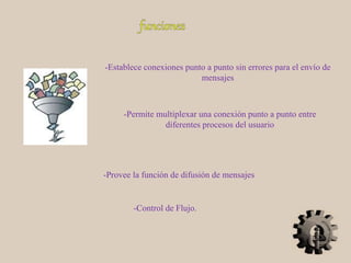 -Establece conexiones punto a punto sin errores para el envío de
mensajes
-Permite multiplexar una conexión punto a punto entre
diferentes procesos del usuario
-Provee la función de difusión de mensajes
-Control de Flujo.
 