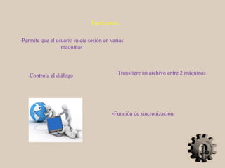 Funciones:
-Permite que el usuario inicie sesión en varias
maquinas
-Transfiere un archivo entre 2 máquinas-Controla el diálogo
-Función de sincronización.
 