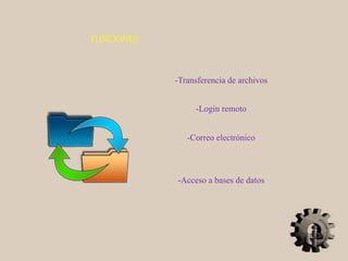 FUNCIONES:
-Transferencia de archivos
-Login remoto
-Correo electrónico
-Acceso a bases de datos
 