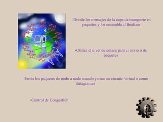 -Divide los mensajes de la capa de transporte en
paquetes y los ensambla al finalizar
-Utiliza el nivel de enlace para el envío o de
paquetes
-Envía los paquetes de nodo a nodo usando ya sea un circuito virtual o como
datagramas
-Control de Congestión
 