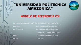 “UNIVERSIDAD POLITECNICA
AMAZONICA”
ESCUELA PROFESIONAL : ING. DE SISTEMAS Y TELEMATICA
DOCENTE : ING. MARCO PORRO CHULLI
ESTUDIANTES : WILLIAM AGUINAGA QUISPE
MARITA Y. BARTUREN DIAZ
CURSO : TRANSMISIÓN DE DATOS
CICLO : VIII - A
MODELO DE REFERENCIA OSI
 