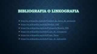 BIBLIOGRAFIA O LINKOGRAFIA
 http://es.wikipedia.org/wiki/Unidad_de_datos_de_protocolo
 https://es.wikipedia.org/wiki/Modelo_OSI
 https://es.wikipedia.org/wiki/Categoría:Modelo_OSI
 https://es.wikipedia.org/wiki/Capa_de_transporte
 https://es.wikipedia.org/wiki/Capa_física
 https://es.wikipedia.org/wiki/Capa_de_aplicación
 