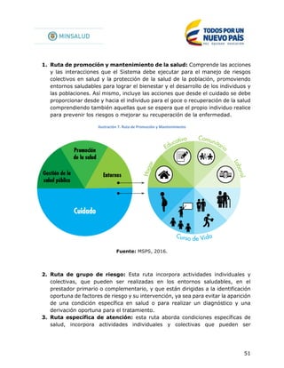 51
1. Ruta de promoción y mantenimiento de la salud: Comprende las acciones
y las interacciones que el Sistema debe ejecutar para el manejo de riesgos
colectivos en salud y la protección de la salud de la población, promoviendo
entornos saludables para lograr el bienestar y el desarrollo de los individuos y
las poblaciones. Así mismo, incluye las acciones que desde el cuidado se debe
proporcionar desde y hacia el individuo para el goce o recuperación de la salud
comprendiendo también aquellas que se espera que el propio individuo realice
para prevenir los riesgos o mejorar su recuperación de la enfermedad.
Ilustración 7. Ruta de Promoción y Mantenimiento
Fuente: MSPS, 2016.
2. Ruta de grupo de riesgo: Esta ruta incorpora actividades individuales y
colectivas, que pueden ser realizadas en los entornos saludables, en el
prestador primario o complementario, y que están dirigidas a la identificación
oportuna de factores de riesgo y su intervención, ya sea para evitar la aparición
de una condición específica en salud o para realizar un diagnóstico y una
derivación oportuna para el tratamiento.
3. Ruta específica de atención: esta ruta aborda condiciones específicas de
salud, incorpora actividades individuales y colectivas que pueden ser
 