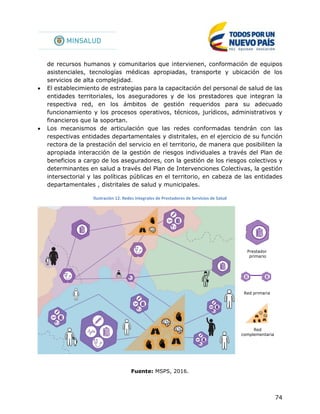 74
de recursos humanos y comunitarios que intervienen, conformación de equipos
asistenciales, tecnologías médicas apropiadas, transporte y ubicación de los
servicios de alta complejidad.
 El establecimiento de estrategias para la capacitación del personal de salud de las
entidades territoriales, los aseguradores y de los prestadores que integran la
respectiva red, en los ámbitos de gestión requeridos para su adecuado
funcionamiento y los procesos operativos, técnicos, jurídicos, administrativos y
financieros que la soportan.
 Los mecanismos de articulación que las redes conformadas tendrán con las
respectivas entidades departamentales y distritales, en el ejercicio de su función
rectora de la prestación del servicio en el territorio, de manera que posibiliten la
apropiada interacción de la gestión de riesgos individuales a través del Plan de
beneficios a cargo de los aseguradores, con la gestión de los riesgos colectivos y
determinantes en salud a través del Plan de Intervenciones Colectivas, la gestión
intersectorial y las políticas públicas en el territorio, en cabeza de las entidades
departamentales , distritales de salud y municipales.
Ilustración 12. Redes Integrales de Prestadores de Servicios de Salud
Fuente: MSPS, 2016.
Red
complementaria
Red primaria
Prestador
primario
 