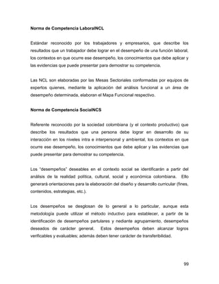 Norma de Competencia LaboralNCL


Estándar reconocido por los trabajadores y empresarios, que describe los
resultados que un trabajador debe lograr en el desempeño de una función laboral,
los contextos en que ocurre ese desempeño, los conocimientos que debe aplicar y
las evidencias que puede presentar para demostrar su competencia.


Las NCL son elaboradas por las Mesas Sectoriales conformadas por equipos de
expertos quienes, mediante la aplicación del análisis funcional a un área de
desempeño determinada, elaboran el Mapa Funcional respectivo.


Norma de Competencia SocialNCS


Referente reconocido por la sociedad colombiana (y el contexto productivo) que
describe los resultados que una persona debe lograr en desarrollo de su
interacción en los niveles intra e interpersonal y ambiental, los contextos en que
ocurre ese desempeño, los conocimientos que debe aplicar y las evidencias que
puede presentar para demostrar su competencia.


Los “desempeños” deseables en el contexto social se identificarán a partir del
análisis de la realidad política, cultural, social y económica colombiana.       Ello
generará orientaciones para la elaboración del diseño y desarrollo curricular (fines,
contenidos, estrategias, etc.).


Los desempeños se desglosan de lo general a lo particular, aunque esta
metodología puede utilizar el método inductivo para establecer, a partir de la
identificación de desempeños partulares y nediante agrupamiento, desempeños
deseados de carácter general.        Estos desempeños deben alcanzar logros
verificables y evaluables; además deben tener carácter de transferibilidad.




                                                                                  99
 