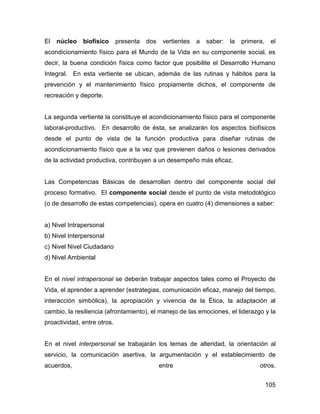 El   núcleo   biofísico      presenta   dos    vertientes   a   saber:   la   primera,    el
acondicionamiento físico para el Mundo de la Vida en su componente social, es
decir, la buena condición física como factor que posibilite el Desarrollo Humano
Integral. En esta vertiente se ubican, además de las rutinas y hábitos para la
prevención y el mantenimiento físico propiamente dichos, el componente de
recreación y deporte.


La segunda vertiente la constituye el acondicionamiento físico para el componente
laboral-productivo. En desarrollo de ésta, se analizarán los aspectos biofísicos
desde el punto de vista de la función productiva para diseñar rutinas de
acondicionamiento físico que a la vez que previenen daños o lesiones derivados
de la actividad productiva, contribuyen a un desempeño más eficaz.


Las Competencias Básicas de desarrollan dentro del componente social del
proceso formativo. El componente social desde el punto de vista metodológico
(o de desarrollo de estas competencias), opera en cuatro (4) dimensiones a saber:


a) Nivel Intrapersonal
b) Nivel Interpersonal
c) Nivel Nivel Ciudadano
d) Nivel Ambiental


En el nivel intrapersonal se deberán trabajar aspectos tales como el Proyecto de
Vida, el aprender a aprender (estrategias, comunicación eficaz, manejo del tiempo,
interacción simbólica), la apropiación y vivencia de la Ética, la adaptación al
cambio, la resiliencia (afrontamiento), el manejo de las emociones, el liderazgo y la
proactividad, entre otros.


En el nivel interpersonal se trabajarán los temas de alteridad, la orientación al
servicio, la comunicación asertiva, la argumentación y el establecimiento de
acuerdos,                                     entre                                 otros.


                                                                                         105
 