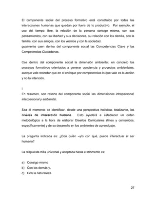 El componente social del proceso formativo está constituido por todas las
interacciones humanas que quedan por fuera de lo productivo. Por ejemplo, el
uso del tiempo libre, la relación de la persona consigo misma, con sus
pensamientos, con su libertad y sus decisiones, su relación con los demás, con la
familia, con sus amigos, con los vecinos y con la sociedad.
gualmente caen dentro del componente social las Competencias Clave y las
Competencias Ciudadanas.


Cae dentro del componente social la dimensión ambiental, en concreto los
procesos formativos orientados a generar conciencia y proyectos ambientales,
aunque vale recordar que en el enfoque por competencias lo que vale es la acción
y no la intención.


I
En resumen, son resorte del componente social las dimensiones intrapersonal,
interpersonal y ambiental.


Sea el momento de identificar, desde una perspectiva holística, totalizante, los
niveles de interacción humana.           Esto ayudará a establecer un orden
metodológico a la hora de elaborar Diseños Curriculares (fines y contenidos,
específicamente) y de su desarrollo en los ambientes de aprendizaje.


La pregunta indicada es: ¿Con quién –y/o con qué, puede interactuar el ser
humano?


La respuesta más universal y aceptada hasta el momento es:


a) Consigo mismo
b) Con los demás y,
c) Con la naturaleza.



                                                                              27
 