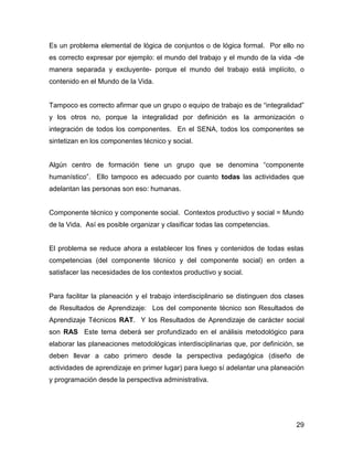 Es un problema elemental de lógica de conjuntos o de lógica formal. Por ello no
es correcto expresar por ejemplo: el mundo del trabajo y el mundo de la vida -de
manera separada y excluyente- porque el mundo del trabajo está implícito, o
contenido en el Mundo de la Vida.


Tampoco es correcto afirmar que un grupo o equipo de trabajo es de “integralidad”
y los otros no, porque la integralidad por definición es la armonización o
integración de todos los componentes. En el SENA, todos los componentes se
sintetizan en los componentes técnico y social.


Algún centro de formación tiene un grupo que se denomina “componente
humanístico”. Ello tampoco es adecuado por cuanto todas las actividades que
adelantan las personas son eso: humanas.


Componente técnico y componente social. Contextos productivo y social = Mundo
de la Vida. Así es posible organizar y clasificar todas las competencias.


El problema se reduce ahora a establecer los fines y contenidos de todas estas
competencias (del componente técnico y del componente social) en orden a
satisfacer las necesidades de los contextos productivo y social.


Para facilitar la planeación y el trabajo interdisciplinario se distinguen dos clases
de Resultados de Aprendizaje: Los del componente técnico son Resultados de
Aprendizaje Técnicos RAT. Y los Resultados de Aprendizaje de carácter social
son RAS Este tema deberá ser profundizado en el análisis metodológico para
elaborar las planeaciones metodológicas interdisciplinarias que, por definición, se
deben llevar a cabo primero desde la perspectiva pedagógica (diseño de
actividades de aprendizaje en primer lugar) para luego sí adelantar una planeación
y programación desde la perspectiva administrativa.




                                                                                  29
 