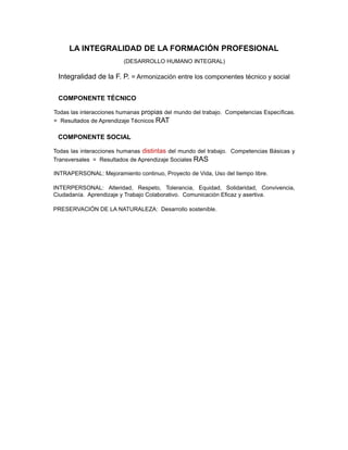 LA INTEGRALIDAD DE LA FORMACIÓN PROFESIONAL
                            (DESARROLLO HUMANO INTEGRAL)

   Integralidad de la F. P. = Armonización entre los componentes técnico y social

   COMPONENTE TÉCNICO

  Todas las interacciones humanas propias del mundo del trabajo. Competencias Específicas.
  = Resultados de Aprendizaje Técnicos RAT

   COMPONENTE SOCIAL

 Todas las interacciones humanas distintas del mundo del trabajo. Competencias Básicas y
 Transversales = Resultados de Aprendizaje Sociales RAS

  INTRAPERSONAL: Mejoramiento continuo, Proyecto de Vida, Uso del tiempo libre.

 INTERPERSONAL: Alteridad, Respeto, Tolerancia, Equidad, Solidaridad, Convivencia,
 Ciudadanía. Aprendizaje y Trabajo Colaborativo. Comunicación Eficaz y asertiva.

 PRESERVACIÓN DE LA NATURALEZA: Desarrollo sostenible.



Fuente: Estatuto de la Formación Profesional Integral, Acuerdo 00008 de 1997



Se concluye este capítulo respondiendo a las preguntas iniciales relativas al tipo
de persona y de sociedad que se pretende formar. La persona que se pretende
formar se sintetiza en el perfil de salida de los aprendices así:


• Libre
• Respetuoso
• Responsable
• Justo
• Autónomo
• Crítico
• Tolerante
• Solidario
• Colaborativo

                                                                                        30
 