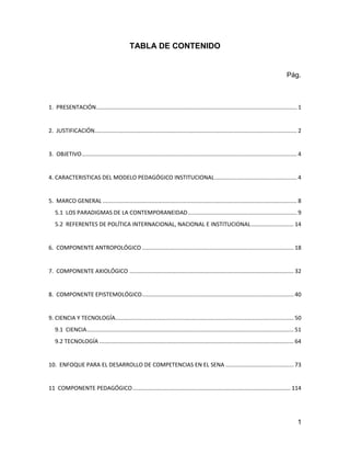TABLA DE CONTENIDO


                                                                                                                                             Pág.



1. PRESENTACIÓN............................................................................................................................... 1


2. JUSTIFICACIÓN................................................................................................................................ 2


3. OBJETIVO ........................................................................................................................................ 4


4. CARACTERISTICAS DEL MODELO PEDAGÓGICO INSTITUCIONAL.................................................... 4


5. MARCO GENERAL ........................................................................................................................... 8
   5.1 LOS PARADIGMAS DE LA CONTEMPORANEIDAD..................................................................... 9
   5.2 REFERENTES DE POLÍTICA INTERNACIONAL, NACIONAL E INSTITUCIONAL........................... 14


6. COMPONENTE ANTROPOLÓGICO ................................................................................................ 18


7. COMPONENTE AXIOLÓGICO ........................................................................................................ 32


8. COMPONENTE EPISTEMOLÓGICO................................................................................................ 40


9. CIENCIA Y TECNOLOGÍA................................................................................................................. 50
   9.1 CIENCIA................................................................................................................................... 51
   9.2 TECNOLOGÍA ........................................................................................................................... 64


10. ENFOQUE PARA EL DESARROLLO DE COMPETENCIAS EN EL SENA ........................................... 73


11 COMPONENTE PEDAGÓGICO .................................................................................................... 114




                                                                                                                                                   1
 