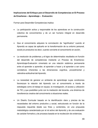 Implicaciones del Enfoque para el Desarrollo de Competencias en El Proceso
de Enseñanza – Aprendizaje – Evaluación:


Formar para Desarrollar Competencias implica:


•   La participación activa y responsable de los aprendices en la construcción
    colectiva de conocimientos y de un ser humano integral en desarrollo
    permanente.


•   Que el conocimiento adquiere la connotación de “significativo” cuando el
    Aprendiz es capaz de aplicarlo en la transformación de su entorno personal,
    social y/o productivo es decir, cuando convierte el conocimiento en acción.


•   La resolución de problemas y el logro de determinados resultados en función
    del desarrollo de competencias mediante un Proceso de Enseñanza-
    Aprendizaje-Evaluación cimentado en una relación sistémica permanente
    entre el aprender a aprender, el aprender a hacer y el aprender a ser como
    correlativos inherentes a las dimensiones cognitiva,            procedimental y
    valorativa-actitudinal del Aprendiz.


•   La necesidad de generar un ambiente de aprendizaje cuyas condiciones
    favorezcan la relación del Aprendiz con el conocimiento a través de
    estrategias como el trabajo en equipo, la investigación, el acceso y utilización
    de TIC y que posibiliten junto con la mediación del docente, una dinámica de
    transferencia creativa del conocimiento a situaciones reales.


•   Un Diseño Curricular basado en la identificación clara y precisa de las
    necesidades del entorno productivo y social, estructurado en función de la
    respuesta requerida desde sus fines y contenidos, en una propuesta
    metodológica caracterizada por el rol activo del Aprendiz y de una evaluación
    de carácter formativo y de procesos basada en la recolección de evidencias.

                                                                                  89
 