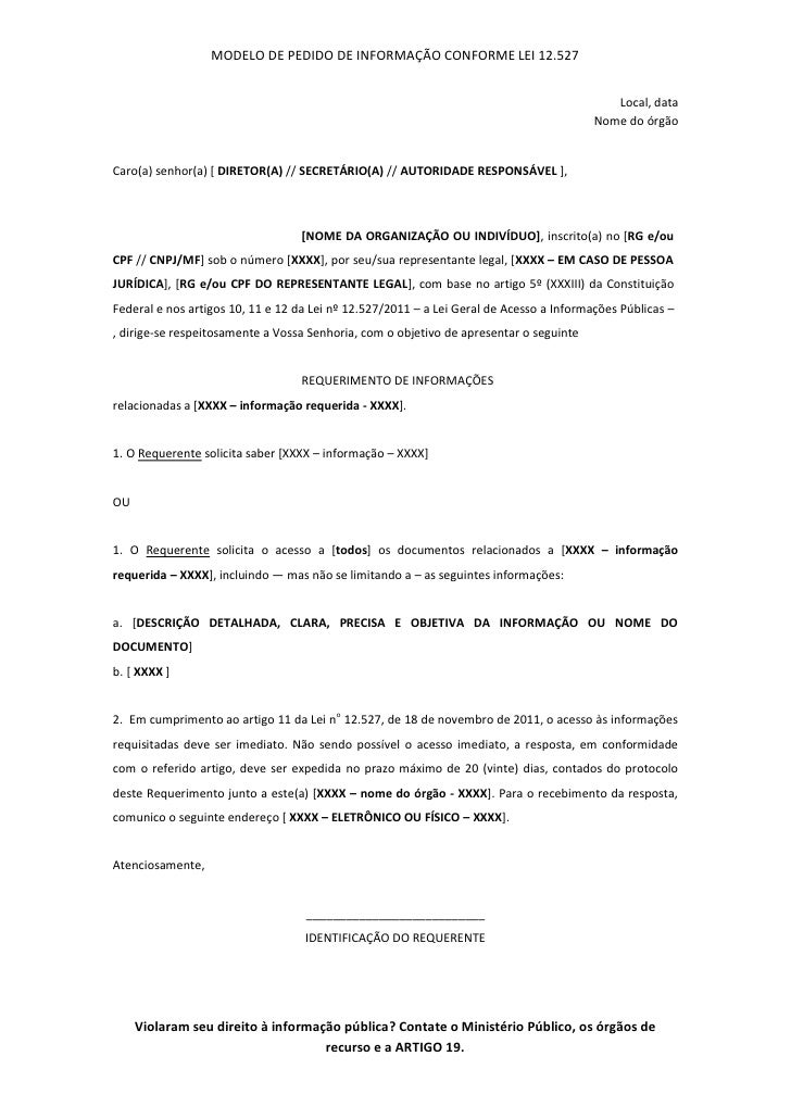 Modelo pedido de informação lei 12.527