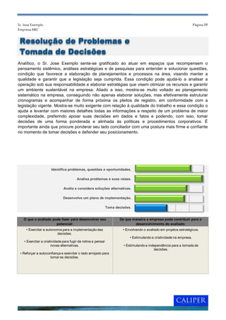 Sr. Jose Exemplo                                                                                                       Página 09
Empresa ABC


 Resolução de Problemas e
 Tomada de Decisões
Analítico, o Sr. Jose Exemplo sente-se gratificado ao atuar em espaços que recompensem o
pensamento sistêmico, análises estratégicas e de pesquisas para entender e solucionar questões,
condição que favorece a elaboração de planejamentos e processos na área, visando manter a
qualidade e garantir que a legislação seja cumprida. Essa condição pode ajudá-lo a analisar a
operação sob sua responsabilidade e elaborar estratégias que visem otimizar os recursos e garantir
um ambiente sustentável na empresa. Aliado a isso, mostra-se muito voltado ao planejamento
sistemático na empresa, conseguindo não apenas elaborar soluções, mas efetivamente estruturar
cronogramas e acompanhar de forma próxima os pleitos de registro, em conformidade com a
legislação vigente. Mostra-se muito exigente com relação à qualidade do trabalho e essa condição o
ajuda a levantar com maiores detalhes todas as informações a respeito de um problema de maior
complexidade, preferindo apoiar suas decisões em dados e fatos e podendo, com isso, tomar
decisões de uma forma ponderada e alinhada às políticas e procedimentos corporativos. É
importante ainda que procure ponderar seu lado conciliador com uma postura mais firme e confiante
no momento de tomar decisões e defender seu posicionamento.




                      Identifica problemas, questões e oportunidades.

                                        Analisa problemas e suas raízes.

                               Avalia e considera soluções alternativas.

                              Desenvolve um plano de implementação.

                                                               Toma decisões.


   O que o avaliado pode fazer para desenvolver seu                   De que maneira a empresa pode contribuir para o
                      potencial:                                              desenvolvimento do avaliado:
     • Exercitar a autonomia para a implementação das                   • Envolvendo o avaliado em projetos estratégicos.
                         decisões.
                                                                            • Estimulando a criatividade na empresa.
    • Exercitar a criatividade para fugir da rotina e pensar
                       novas alternativas.                              • Estimulando a independência para a tomada de
                                                                                           decisões.
 • Reforçar a autoconfiança e exercitar o lado arrojado para
                    tomar as decisões.
 