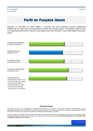 Sr. Jose Exemplo                                                                                                                                 Página 16
Empresa ABC




                                 Perfil de Funções Ideais

Segundo os resultados do Perfil Caliper, é provável que esse indivíduo encontre gratificação
trabalhando em cargos que correspondam aos perfis das funções abaixo. É importante observar que
um cargo tipicamente não se resume a uma função única. Ao contrário, é uma combinação de funções-
chave.




Funções Empreendedoras
iniciando um negócio



Funções Gerenciais
dirigindo outros



Funções de Vendas
persuadindo outros



Funções de Atendimento
auxiliando outros



Funções Técnicas
resolução de problemas ou
outras funções que exigem
a execução de tarefas
essencialmente por meio
do uso de informações,
equipamento e tecnologia.




                                                                 Próximos Passos
Este relatório resumido é uma interpretação dos comportamentos potenciais de um indivíduo. Tem por base unicamente sua personalidade e fatores
motivacionais, apresentados em seu Perfil Caliper, e está relacionado ao cargo para o qual está sendo considerado. Os resultados desta avaliação nunca devem
ser usados como critérios únicos para tomar uma decisão de contratação, desenvolvimento ou promoção.

Por favor, considere os indicadores desse Perfil como informações a serem usadas em seu processo de entrevista e para auxiliá-lo em sua decisão final de
contratação. Para ajudá-lo a estruturar suas entrevistas finais, a Caliper recomenda que você utilize nosso Guia de Entrevistas. Peça ao seu Consultor Caliper
mais detalhes sobre esse serviço adicional.
 