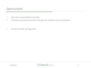 Oportunidad Describir la necesidad de mercado Presentar escenario actual del mercado que no posee nuestro producto Tiempo de Slide: 60 Segundos. 