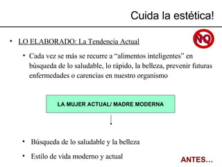Cuida la estética! Búsqueda de lo saludable y la belleza Estilo de vida moderno y actual LO ELABORADO: La Tendencia Actual Cada vez se más se recurre a “alimentos inteligentes” en búsqueda de lo saludable, lo rápido, la belleza, prevenir futuras enfermedades o carencias en nuestro organismo LA MUJER ACTUAL/ MADRE MODERNA ANTES… NO 