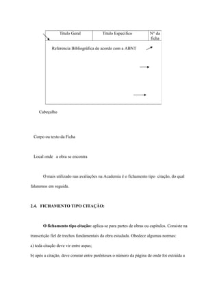 Cabeçalho
Corpo ou texto da Ficha
Local onde a obra se encontra
O mais utilizado nas avaliações na Academia é o fichamento tipo citação, do qual
falaremos em seguida.
2.4. FICHAMENTO TIPO CITAÇÃO:
O fichamento tipo citação: aplica-se para partes de obras ou capítulos. Consiste na
transcrição fiel de trechos fundamentais da obra estudada. Obedece algumas normas:
a) toda citação deve vir entre aspas;
b) após a citação, deve constar entre parênteses o número da página de onde foi extraída a
Título Geral Título Específico N° da
ficha
Referencia Bibliográfica de acordo com a ABNT
 