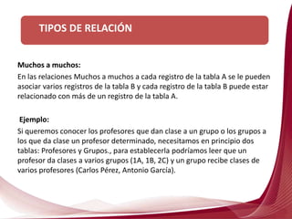 TIPOS DE RELACIÓN
Muchos a muchos:
En las relaciones Muchos a muchos a cada registro de la tabla A se le pueden
asociar varios registros de la tabla B y cada registro de la tabla B puede estar
relacionado con más de un registro de la tabla A.
Ejemplo:
Si queremos conocer los profesores que dan clase a un grupo o los grupos a
los que da clase un profesor determinado, necesitamos en principio dos
tablas: Profesores y Grupos., para establecerla podríamos leer que un
profesor da clases a varios grupos (1A, 1B, 2C) y un grupo recibe clases de
varios profesores (Carlos Pérez, Antonio García).
 