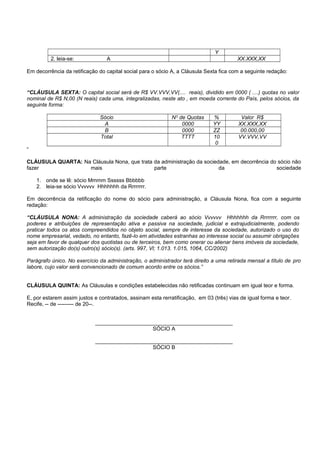 Y
2. leia-se: A XX.XXX,XX
Em decorrência da retificação do capital social para o sócio A, a Cláusula Sexta fica com a seguinte redação:
“CLÁUSULA SEXTA: O capital social será de R$ VV.VVV,VV(.... reais), dividido em 0000 ( ....) quotas no valor
nominal de R$ N,00 (N reais) cada uma, integralizadas, neste ato , em moeda corrente do País, pelos sócios, da
seguinte forma:
Sócio N° de Quotas % Valor R$
A 0000 YY XX.XXX,XX
B 0000 ZZ 00.000,00
Total TTTT 10
0
VV.VVV,VV
“
CLÁUSULA QUARTA: Na Cláusula Nona, que trata da administração da sociedade, em decorrência do sócio não
fazer mais parte da sociedade
1. onde se lê: sócio Mmmm Ssssss Bbbbbb
2. leia-se sócio Vvvvvv Hhhhhhh da Rrrrrrrr.
Em decorrência da retificação do nome do sócio para administração, a Cláusula Nona, fica com a seguinte
redação:
“CLÁUSULA NONA: A administração da sociedade caberá ao sócio Vvvvvv Hhhhhhh da Rrrrrrrr, com os
poderes e atribuições de representação ativa e passiva na sociedade, judicial e extrajudicialmente, podendo
praticar todos os atos compreendidos no objeto social, sempre de interesse da sociedade, autorizado o uso do
nome empresarial, vedado, no entanto, fazê-lo em atividades estranhas ao interesse social ou assumir obrigações
seja em favor de qualquer dos quotistas ou de terceiros, bem como onerar ou alienar bens imóveis da sociedade,
sem autorização do(s) outro(s) sócio(s). (arts. 997, Vl; 1.013. 1.015, 1064, CC/2002)
Parágrafo único. No exercício da administração, o administrador terá direito a uma retirada mensal a título de pro
labore, cujo valor será convencionado de comum acordo entre os sócios.”
CLÁUSULA QUINTA: As Cláusulas e condições estabelecidas não retificadas continuam em igual teor e forma.
E, por estarem assim justos e contratados, assinam esta rerratificação, em 03 (três) vias de igual forma e teor.
Recife, -- de --------- de 20--.
______________________________________________
SÓCIO A
______________________________________________
SÓCIO B
 