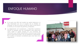 ENFOQUE HUMANO
 Es la parte más difícil del modelo de capital intelectual y la
más importante por ser el corazón de la entidad; sin
embargo, no hay una manera sencilla de medir lo que está en
la mente y en el corazón de gerentes y empleados.
 La Organización de Cooperación y Desarrollo Económico
(OCDE) ha gastado años de investigación para determinar
cómo medir el capital humano en una economía de
información que cambia radicalmente y reconoce que la base
para la supervivencia-éxito de una entidad es el aprendizaje.
Por lo tanto, es necesario considerarlo para crear valor en la
organización
 