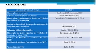 CRONOGRAMA
AÇÕES METODOLÓGICAS PERÍODO
Elaboração do pré-projeto Outubro de 2015 e Janeiro de 2016
Revisão e apresentação do pré-projeto Janeiro e Fevereiro de 2016
Elaboração da Fundamentação Teórica do Trabalho
de Conclusão de Curso (TCC)
Dezembro de 2015 e Fevereiro de 2016
Realização da atividade de campo/ Levantamento de
fotografias da área de estudo Novembro de 2015
Leitura de bibliografia específica Janeiro a Abril de 2016
Elaboração da parte específica do Trabalho de
Conclusão de Curso (TCC)
Fevereiro a Maio de 2016
Produção do Trabalho de Conclusão de Curso
(TCC)
Dezembro de 2015 a Maio de 2016
Revisão do Trabalho de Conclusão de Curso (TCC) Junho de 2016
Apresentação do TCC Julho de 2016
 