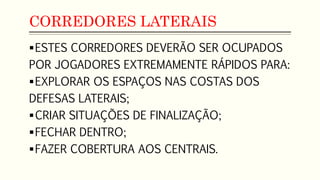 CORREDORES LATERAIS
ESTES CORREDORES DEVERÃO SER OCUPADOS
POR JOGADORES EXTREMAMENTE RÁPIDOS PARA:
EXPLORAR OS ESPAÇOS NAS COSTAS DOS
DEFESAS LATERAIS;
CRIAR SITUAÇÕES DE FINALIZAÇÃO;
FECHAR DENTRO;
FAZER COBERTURA AOS CENTRAIS.
 
