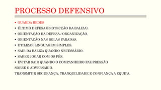 PROCESSO DEFENSIVO
 GUARDA REDES
 ÚLTIMO DEFESA (PROTECÇÃO DA BALIZA).
 ORIENTAÇÃO DA DEFESA / ORGANIZAÇÃO.
 ORIENTAÇÃO NAS BOLAS PARADAS.
 UTILIZAR LINGUAGEM SIMPLES.
 SAIR DA BALIZA QUANDO NECESSÁRIO.
 SABER JOGAR COM OS PÉS.
 EVITAR SAIR QUANDO O COMPANHEIRO FAZ PRESSÃO
SOBRE O ADVERSÁRIO.
TRANSMITIR SEGURANÇA, TRANQUILIDADE E CONFIANÇA A EQUIPA.
 