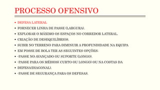 PROCESSO OFENSIVO
 DEFESA LATERAL
 FORNECER LINHA DE PASSE (LARGURA).
 EXPLORAR O MÁXIMO OS ESPAÇOS NO CORREDOR LATERAL.
 CRIAÇÃO DE DESEQUILÍBRIOS.
 SUBIR NO TERRENO PARA DIMINUIR A PROFUNDIDADE NA EQUIPA
 EM POSSE DE BOLA TER AS SEGUINTES OPÇÕES;
 -PASSE NO AVANÇADO OU SUPORTE (LONGO).
 -PASSE PARA OS MÉDIOS( CURTO OU LONGO) OU NA COSTAS DA
 DEFESA(DIAGONAL).
 -PASSE DE SEGURANÇA PARA OS DEFESAS.
 