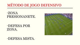 MÉTODO DE JOGO DEFENSIVO
-ZONA
PRESIONANETE.
-DEFESA POR
ZONA.
-DEFESA MISTA.
 