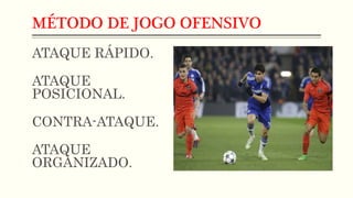 MÉTODO DE JOGO OFENSIVO
ATAQUE RÁPIDO.
ATAQUE
POSICIONAL.
CONTRA-ATAQUE.
ATAQUE
ORGANIZADO.
 