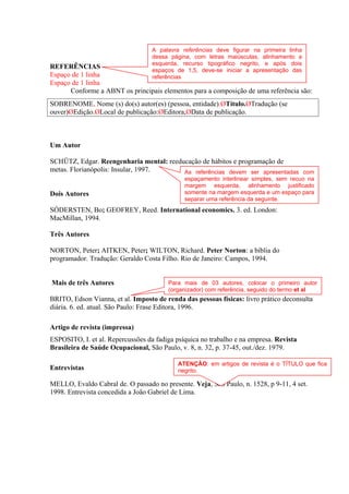 REFERÊNCIAS
Espaço de 1 linha
Espaço de 1 linha
Conforme a ABNT os principais elementos para a composição de uma referência são:
SOBRENOME, Nome (s) do(s) autor(es) (pessoa, entidade).ØTítulo.ØTradução (se
ouver)ØEdição.ØLocal de publicação:ØEditora,ØData de publicação.
Um Autor
SCHÜTZ, Edgar. Reengenharia mental: reeducação de hábitos e programação de
metas. Florianópolis: Insular, 1997.
Dois Autores
SÓDERSTEN, Bo; GEOFREY, Reed. International economics. 3. ed. London:
MacMillan, 1994.
Três Autores
NORTON, Peter; AITKEN, Peter; WILTON, Richard. Peter Norton: a bíblia do
programador. Tradução: Geraldo Costa Filho. Rio de Janeiro: Campos, 1994.
Mais de três Autores
BRITO, Edson Vianna, et al. Imposto de renda das pessoas físicas: livro prático deconsulta
diária. 6. ed. atual. São Paulo: Frase Editora, 1996.
Artigo de revista (impressa)
ESPOSITO, I. et al. Repercussões da fadiga psíquica no trabalho e na empresa. Revista
Brasileira de Saúde Ocupacional, São Paulo, v. 8, n. 32, p. 37-45, out./dez. 1979.
Entrevistas
MELLO, Evaldo Cabral de. O passado no presente. Veja, São Paulo, n. 1528, p 9-11, 4 set.
1998. Entrevista concedida a João Gabriel de Lima.
A palavra referências deve figurar na primeira linha
dessa página, com letras maiúsculas, alinhamento a
esquerda, recurso tipográfico negrito, e após dois
espaços de 1,5, deve-se iniciar a apresentação das
referências
As referências devem ser apresentadas com
espaçamento interlinear simples, sem recuo na
margem esquerda, alinhamento justificado
somente na margem esquerda e um espaço para
separar uma referência da seguinte.
Para mais de 03 autores, colocar o primeiro autor
(organizador) com referência, seguido do termo et al
ATENÇÂO: em artigos de revista é o TÍTULO que fica
negrito.
 