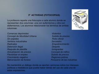3ª ACTIVIDAD (FOTOCOPIAS)

La profesora reparte una fotocopia a cada alumno donde se
representan dos columnas: una con eufemismos y otra con
disfemismos. Los alumnos relacionarán los términos de ambas
columnas:

Comarcas deprimidas                        Violentos
Concejal de Movilidad Urbana               Subida de precios
Sin papeles                                 Robo oficial
Vertidos industriales                      Secuestro
Radicales                                   Empobrecimiento
Detención ilegal                           Despido
Reajuste de plantilla                      Inmigrantes
Actualización de precios                  Concejal de tráfico
Flexibilizar el empleo                    Subida de precios
Crecimiento negativo                      Regiones pobres
Malversación de fondos                    Porquería de las industrias

Se mantendrá un diálogo donde se aporten opiniones sobre los intereses
políticos o mediáticos que puede haber detrás del uso de cada una de
estas expresiones.
 