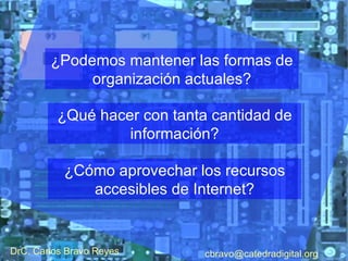 ¿Podemos mantener las formas de organización actuales? ¿Qué hacer con tanta cantidad de información? ¿Cómo aprovechar los recursos accesibles de Internet? DrC. Carlos Bravo Reyes [email_address] 