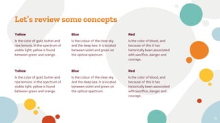 Let’s review some concepts
Yellow
Is the color of gold, butter and
ripe lemons. In the spectrum of
visible light, yellow is found
between green and orange.
Blue
Is the colour of the clear sky
and the deep sea. It is located
between violet and green on
the optical spectrum.
Red
Is the color of blood, and
because of this it has
historically been associated
with sacrifice, danger and
courage.
16
Yellow
Is the color of gold, butter and
ripe lemons. In the spectrum of
visible light, yellow is found
between green and orange.
Blue
Is the colour of the clear sky
and the deep sea. It is located
between violet and green on
the optical spectrum.
Red
Is the color of blood, and
because of this it has
historically been associated
with sacrifice, danger and
courage.
 