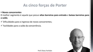 Prof. Eliseu Fortolan
As cinco forças de Porter
 Novos concorrentes
O melhor segmento é aquele que possui altas barreiras para entrada e baixas barreiras para
a saída.
 Dificuldades para o ingresso de novos concorrentes;
 Facilidades para a saída da concorrência.
 