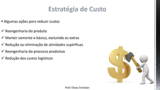 Prof. Eliseu Fortolan
Estratégia de Custo
 Algumas ações para reduzir custos
 Reengenharia do produto
 Manter somente o básico, excluindo os extras
 Redução ou eliminação de atividades supérfluas
 Reengenharia do processo produtivo
 Redução dos custos logísticos
 