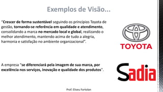 Prof. Eliseu Fortolan
Exemplos de Visão...
“Crescer de forma sustentável seguindo os princípios Toyota de
gestão, tornando-se referência em qualidade e atendimento,
consolidando a marca no mercado local e global, realizando o
melhor atendimento, mantendo acima de tudo a alegria,
harmonia e satisfação no ambiente organizacional”.
A empresa “se diferenciará pela imagem de sua marca, por
excelência nos serviços, inovação e qualidade dos produtos".
 
