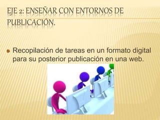 EJE 2: ENSEÑAR CON ENTORNOS DE
PUBLICACIÓN.
Recopilación de tareas en un formato digital
para su posterior publicación en una web.
 